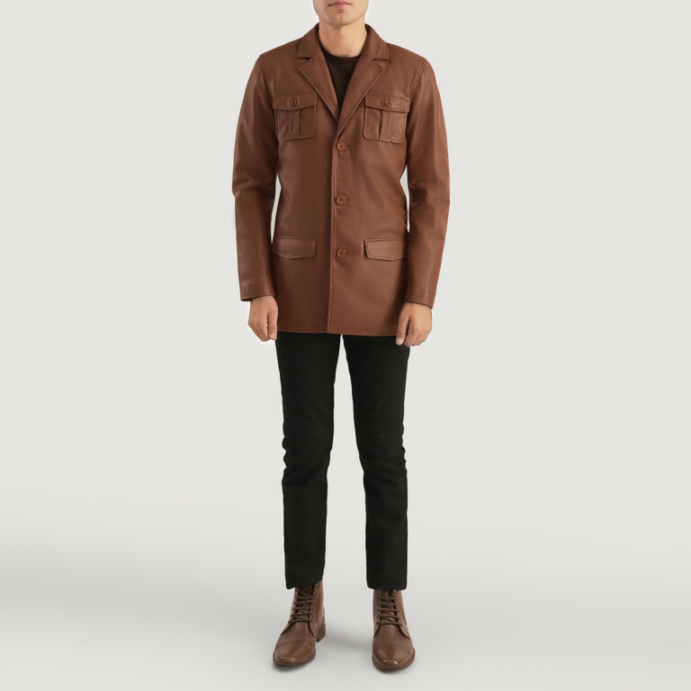 Mens Ray Cutler Brown Leather Blazer Full Length-2-1701087880864